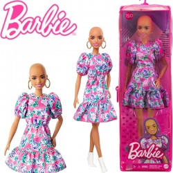 Barbie Fashionista barátnők: Kopasz Barbie virágos ruhában cipzáras tartóban FBR37