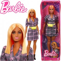 Barbie Fashionista barátnők: Rézvörös hajú molett Barbie kockás ruhában cipzáras tartóban FBR37