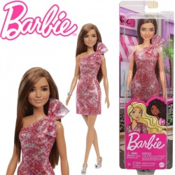 Barbie: Barna hajú Barbie csillogó rózsaszín-ezüst party ruhában T7580